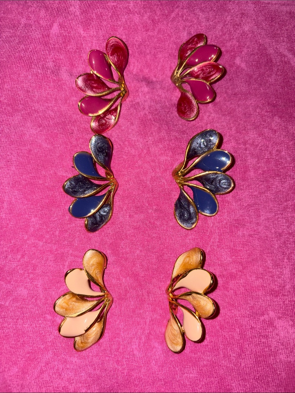 Vintage Fan Shaped Enamel Earrings in Gold Tone- 3 pairs